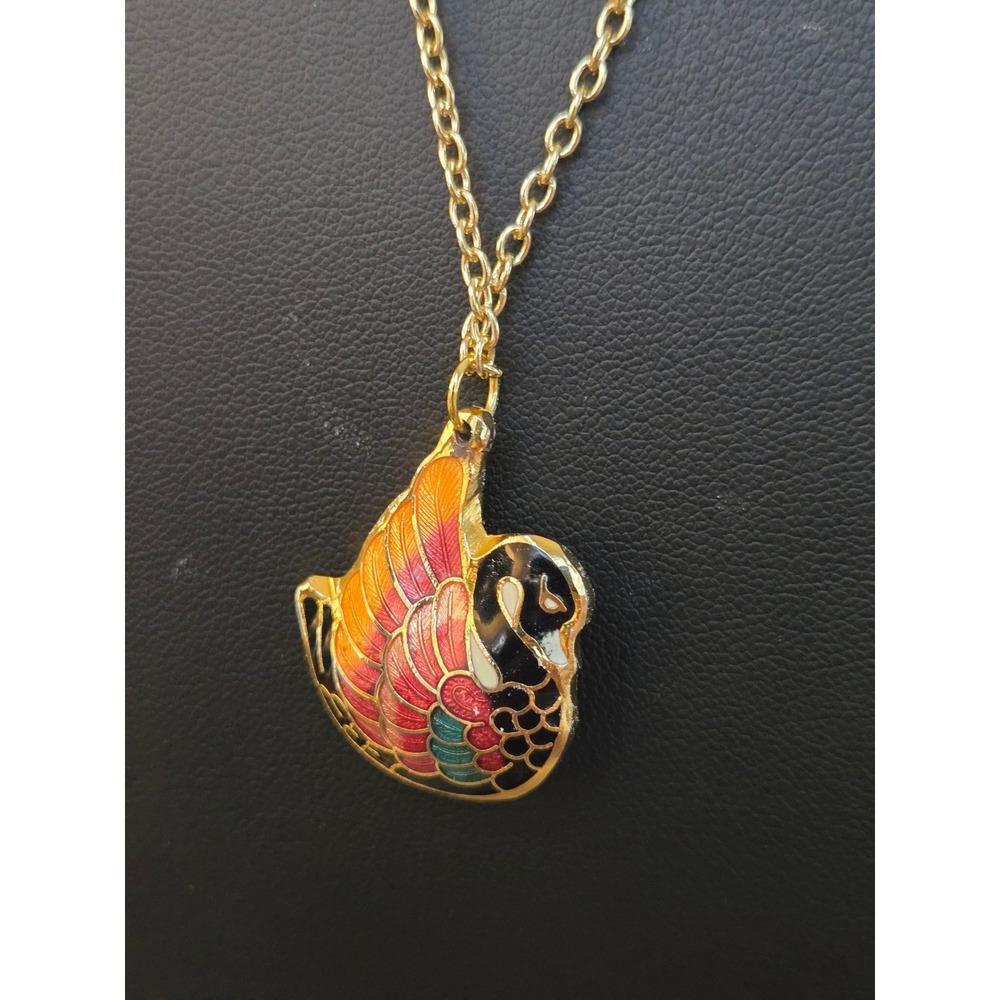 Cloisonne Enamel Bird Pendant Necklace Multicolor Duck Double- Sided Vintage